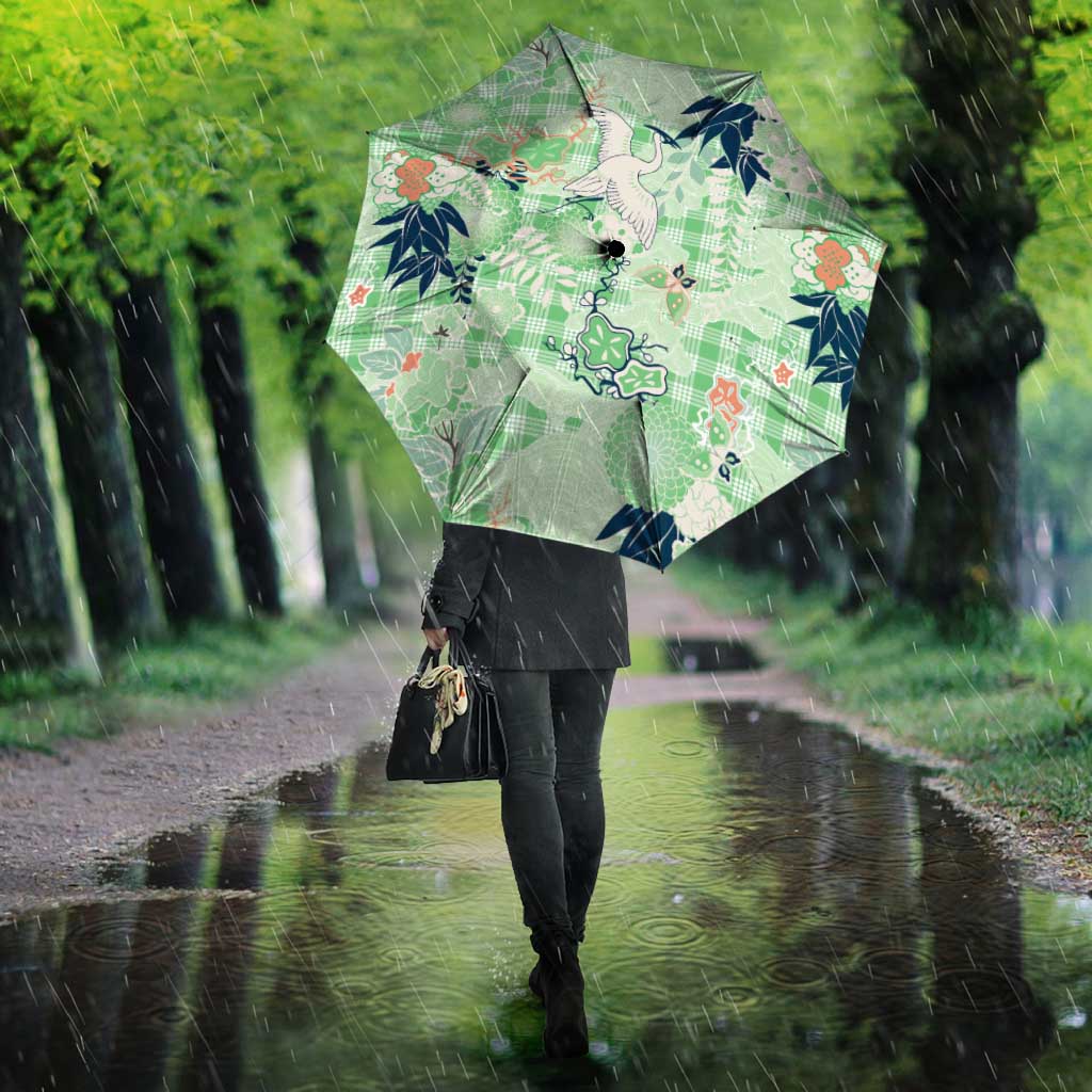 Green Palaka Crane and Flowers Umbrella Japan Heritage Spirit - Polynesian Pride