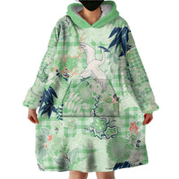 Green Palaka Crane and Flowers Wearable Blanket Hoodie Japan Heritage Spirit LT9 - Polynesian Pride