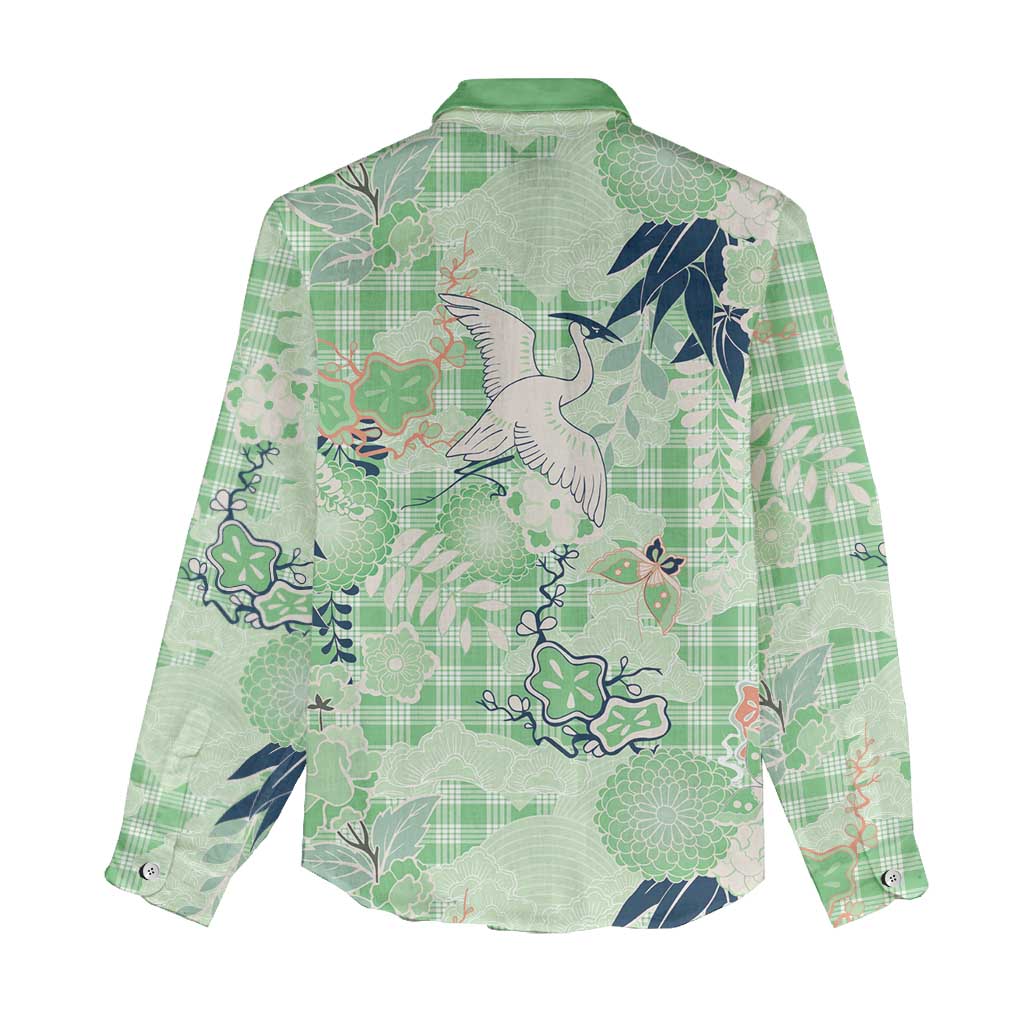 Green Palaka Crane and Flowers Women Casual Shirt Japan Heritage Spirit - Polynesian Pride