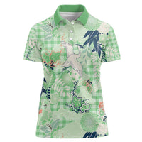 Green Palaka Crane and Flowers Women Polo Shirt Japan Heritage Spirit - Polynesian Pride