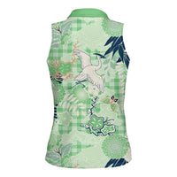 Green Palaka Crane and Flowers Women Sleeveless Polo Shirt Japan Heritage Spirit LT9 - Polynesian Pride