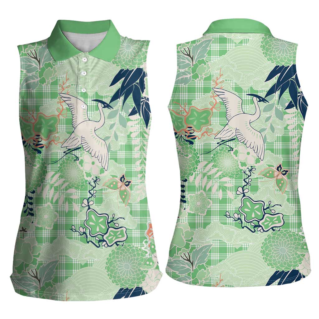 Green Palaka Crane and Flowers Women Sleeveless Polo Shirt Japan Heritage Spirit LT9 - Polynesian Pride