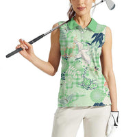 Green Palaka Crane and Flowers Women Sleeveless Polo Shirt Japan Heritage Spirit LT9 - Polynesian Pride