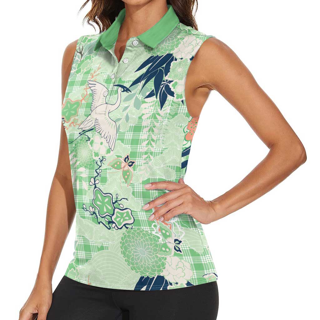 Green Palaka Crane and Flowers Women Sleeveless Polo Shirt Japan Heritage Spirit LT9 - Polynesian Pride