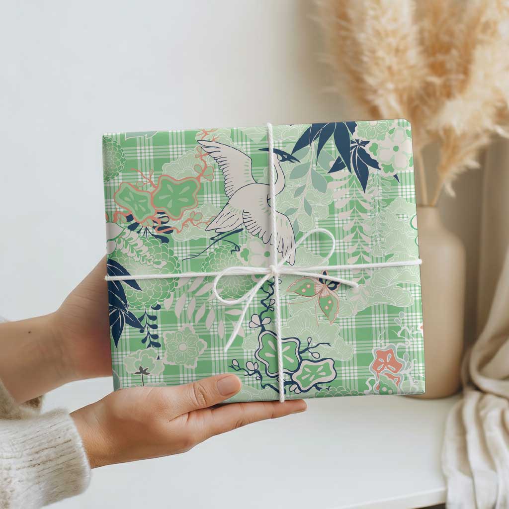 Green Palaka Crane and Flowers Wrapping Paper Japan Heritage Spirit - Polynesian Pride