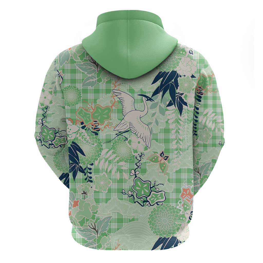 Green Palaka Crane and Flowers Zip Hoodie Japan Heritage Spirit LT9 - Polynesian Pride