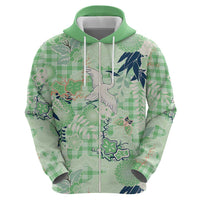 Green Palaka Crane and Flowers Zip Hoodie Japan Heritage Spirit LT9 - Polynesian Pride