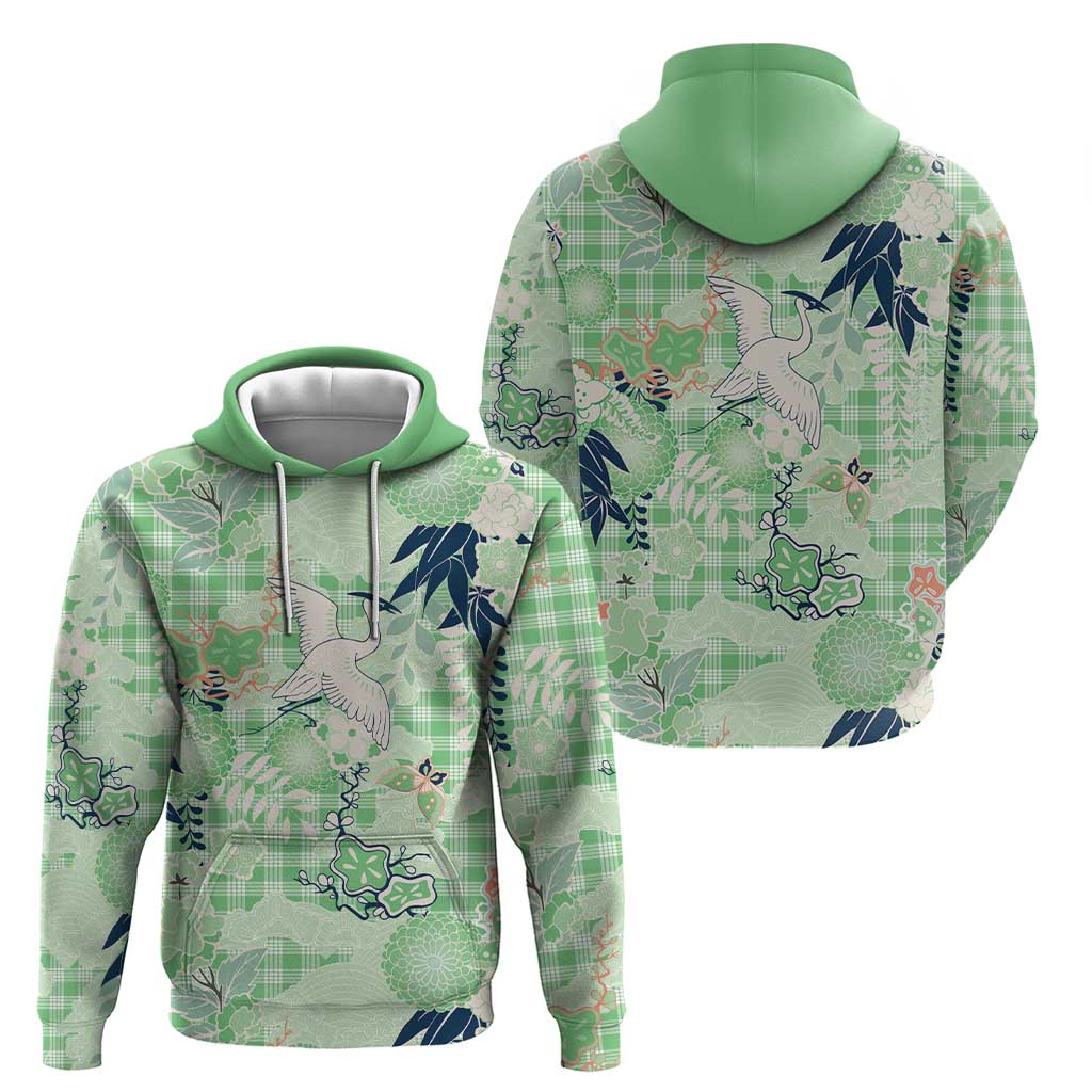 Green Palaka Crane and Flowers Zip Hoodie Japan Heritage Spirit LT9 - Polynesian Pride