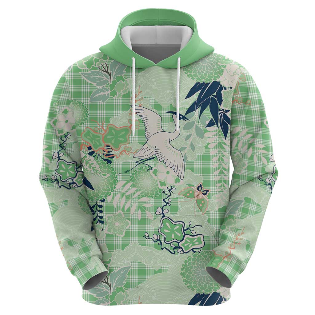 Green Palaka Crane and Flowers Zip Hoodie Japan Heritage Spirit LT9 - Polynesian Pride