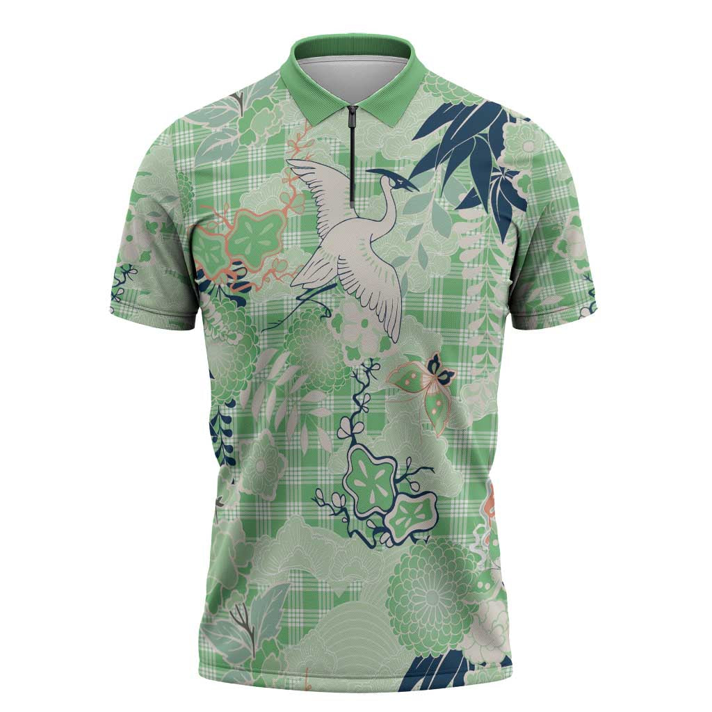 Green Palaka Crane and Flowers Zipper Polo Shirt Japan Heritage Spirit LT9 Green - Polynesian Pride