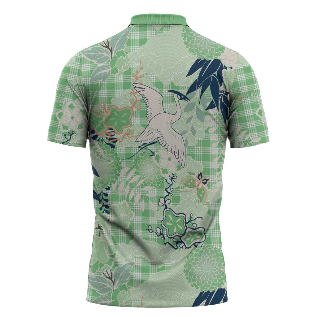 Green Palaka Crane and Flowers Zipper Polo Shirt Japan Heritage Spirit LT9 - Polynesian Pride