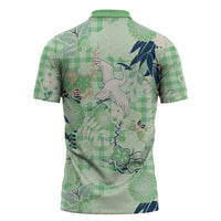 Green Palaka Crane and Flowers Zipper Polo Shirt Japan Heritage Spirit LT9 - Polynesian Pride
