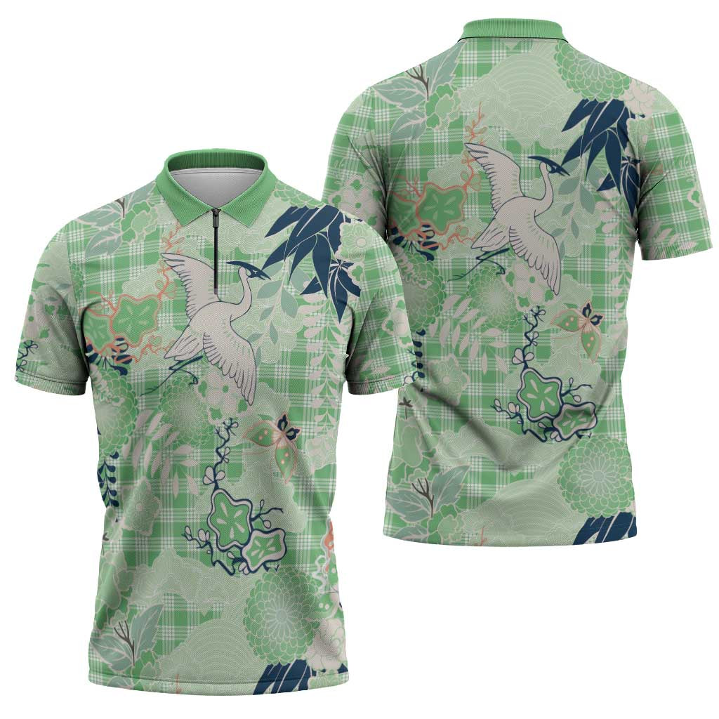 Green Palaka Crane and Flowers Zipper Polo Shirt Japan Heritage Spirit LT9 - Polynesian Pride