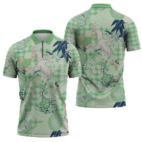 Green Palaka Crane and Flowers Zipper Polo Shirt Japan Heritage Spirit LT9 - Polynesian Pride