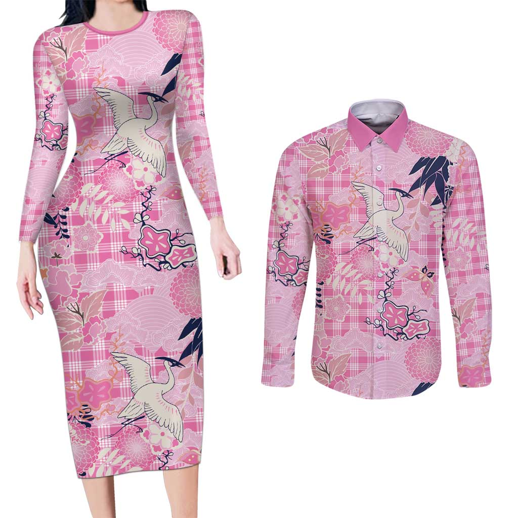 Pink Palaka Crane and Flowers Couples Matching Long Sleeve Bodycon Dress and Long Sleeve Button Shirt Japan Heritage Spirit LT9 Pink - Polynesian Pride