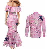 Pink Palaka Crane and Flowers Couples Matching Mermaid Dress and Long Sleeve Button Shirt Japan Heritage Spirit LT9 - Polynesian Pride