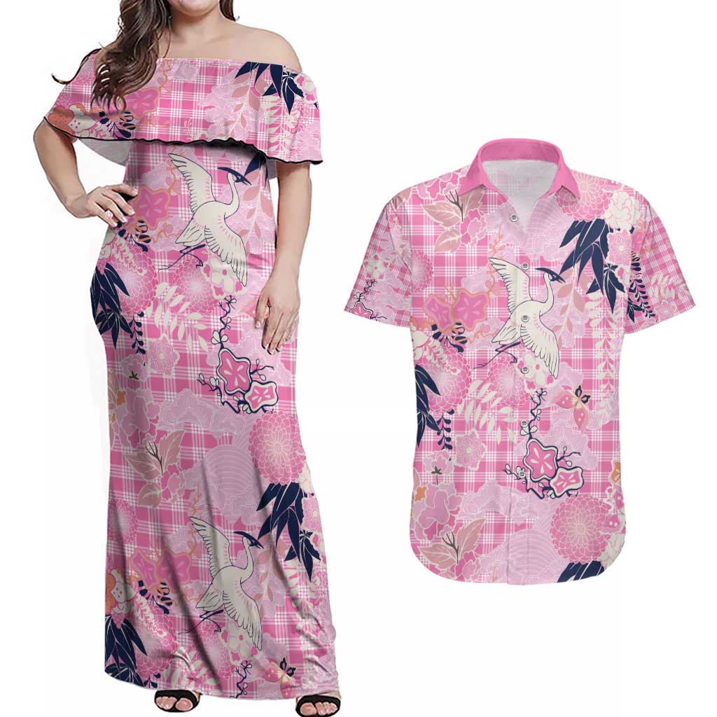 Pink Palaka Crane and Flowers Couples Matching Off Shoulder Maxi Dress and Hawaiian Shirt Japan Heritage Spirit LT9 Pink - Polynesian Pride