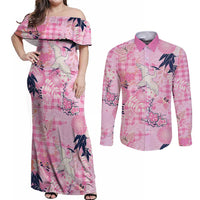 Pink Palaka Crane and Flowers Couples Matching Off Shoulder Maxi Dress and Long Sleeve Button Shirt Japan Heritage Spirit LT9 Pink - Polynesian Pride