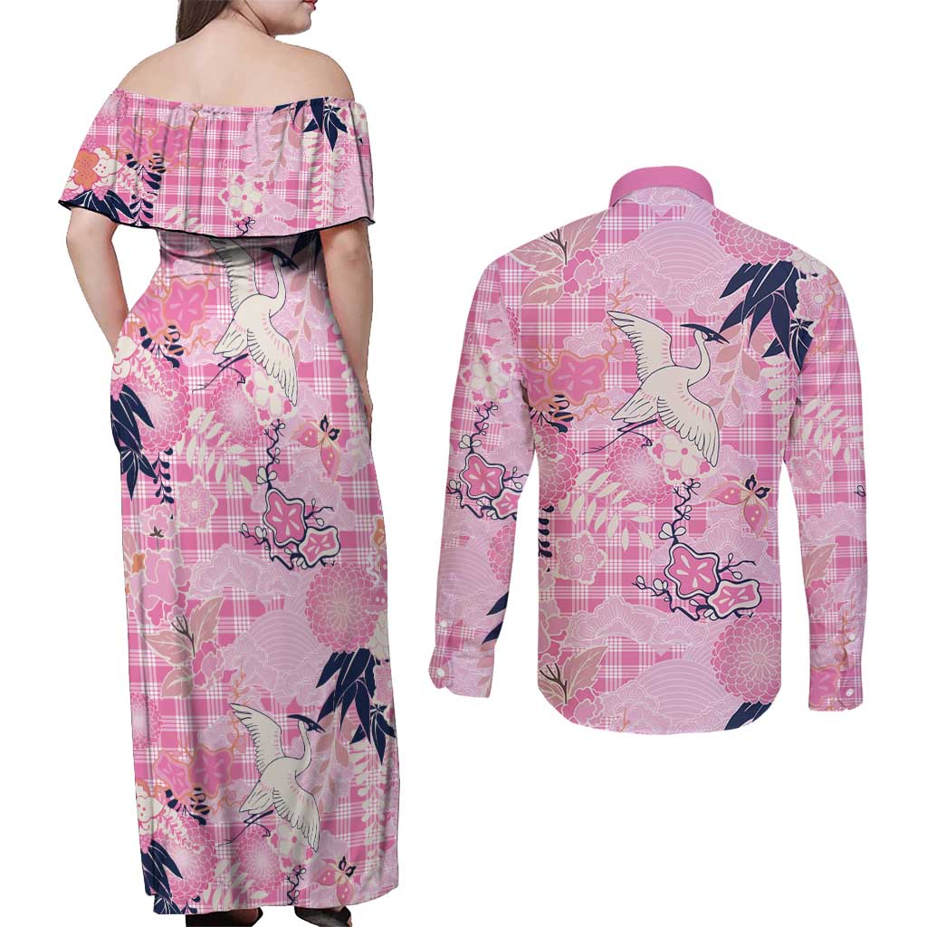 Pink Palaka Crane and Flowers Couples Matching Off Shoulder Maxi Dress and Long Sleeve Button Shirt Japan Heritage Spirit LT9 - Polynesian Pride