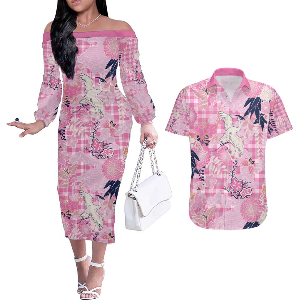 Pink Palaka Crane and Flowers Couples Matching Off The Shoulder Long Sleeve Dress and Hawaiian Shirt Japan Heritage Spirit LT9 Pink - Polynesian Pride