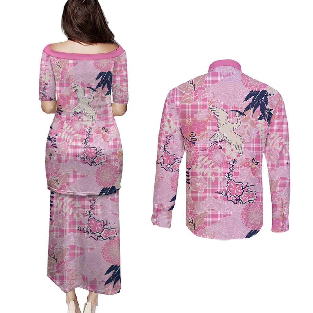 Pink Palaka Crane and Flowers Couples Matching Puletasi and Long Sleeve Button Shirt Japan Heritage Spirit LT9 - Polynesian Pride