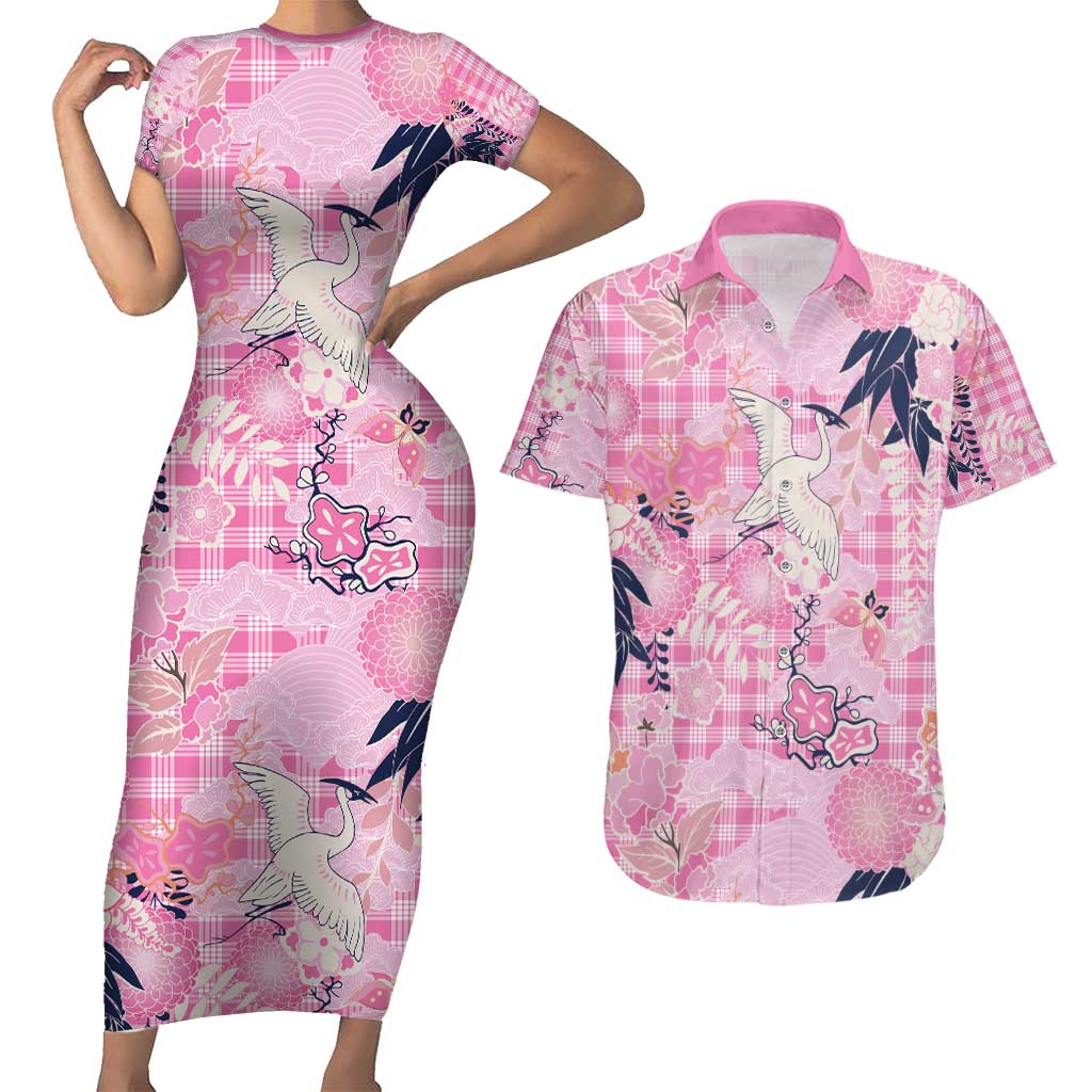 Pink Palaka Crane and Flowers Couples Matching Short Sleeve Bodycon Dress and Hawaiian Shirt Japan Heritage Spirit LT9 Pink - Polynesian Pride