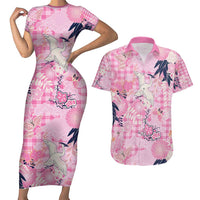 Pink Palaka Crane and Flowers Couples Matching Short Sleeve Bodycon Dress and Hawaiian Shirt Japan Heritage Spirit LT9 Pink - Polynesian Pride
