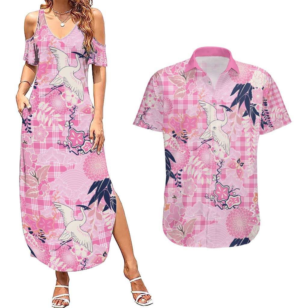 Pink Palaka Crane and Flowers Couples Matching Summer Maxi Dress and Hawaiian Shirt Japan Heritage Spirit LT9 Pink - Polynesian Pride
