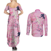 Pink Palaka Crane and Flowers Couples Matching Summer Maxi Dress and Long Sleeve Button Shirt Japan Heritage Spirit LT9 - Polynesian Pride