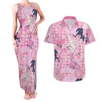 Pink Palaka Crane and Flowers Couples Matching Tank Maxi Dress and Hawaiian Shirt Japan Heritage Spirit LT9 Pink - Polynesian Pride
