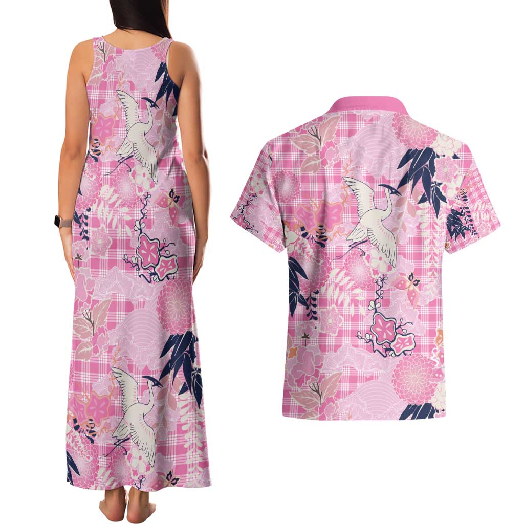 Pink Palaka Crane and Flowers Couples Matching Tank Maxi Dress and Hawaiian Shirt Japan Heritage Spirit LT9 - Polynesian Pride
