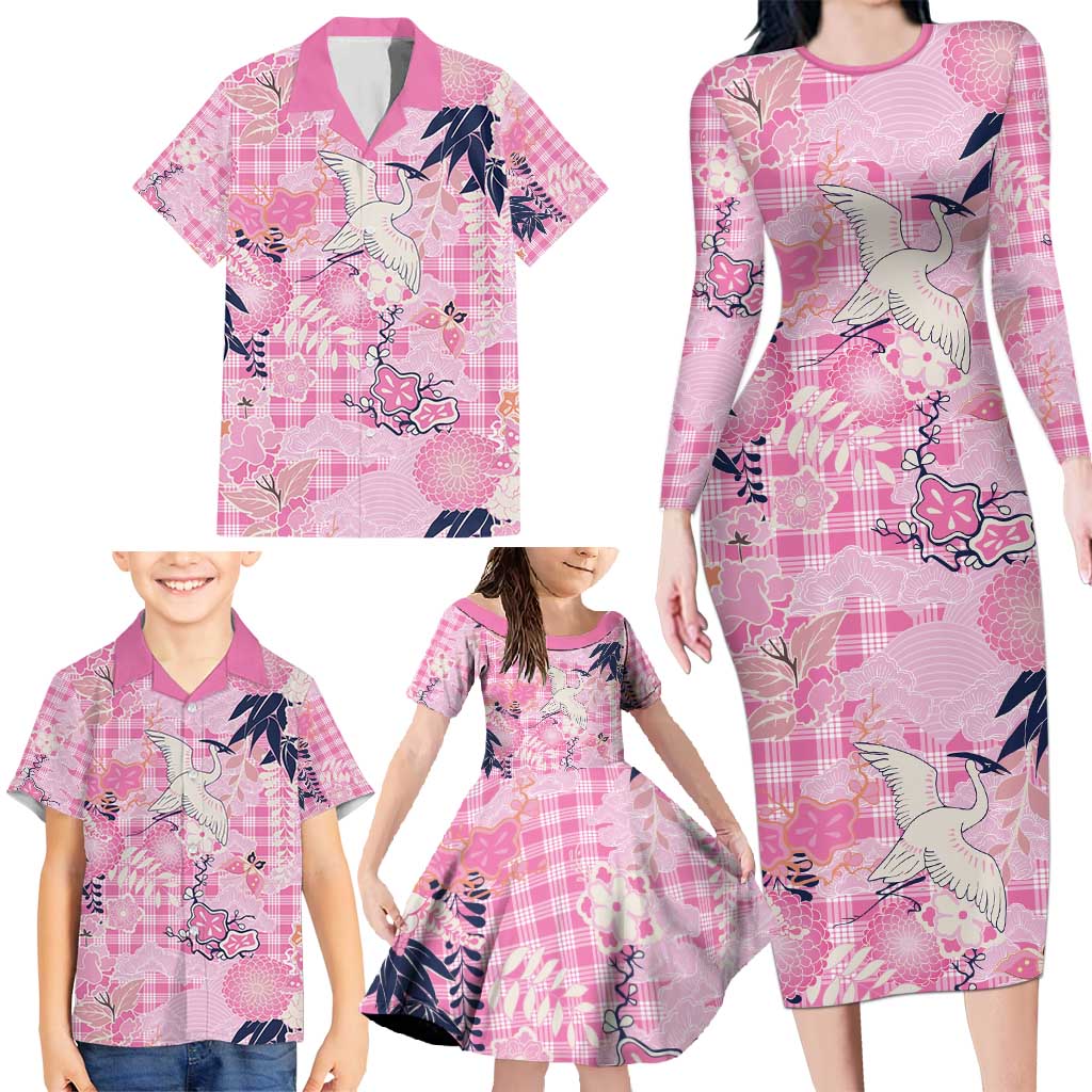 Pink Palaka Crane and Flowers Family Matching Long Sleeve Bodycon Dress and Hawaiian Shirt Japan Heritage Spirit LT9 - Polynesian Pride