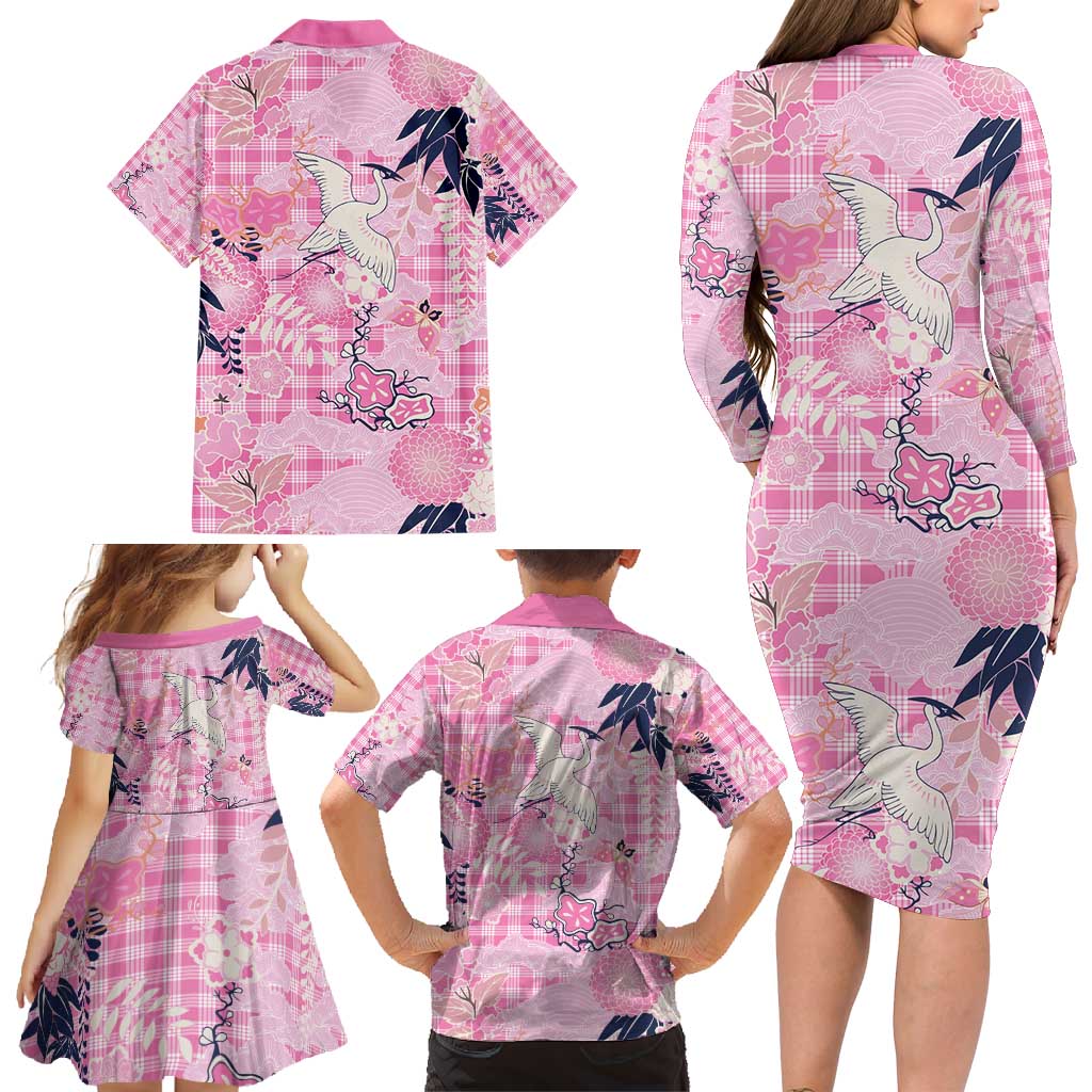 Pink Palaka Crane and Flowers Family Matching Long Sleeve Bodycon Dress and Hawaiian Shirt Japan Heritage Spirit LT9 - Polynesian Pride