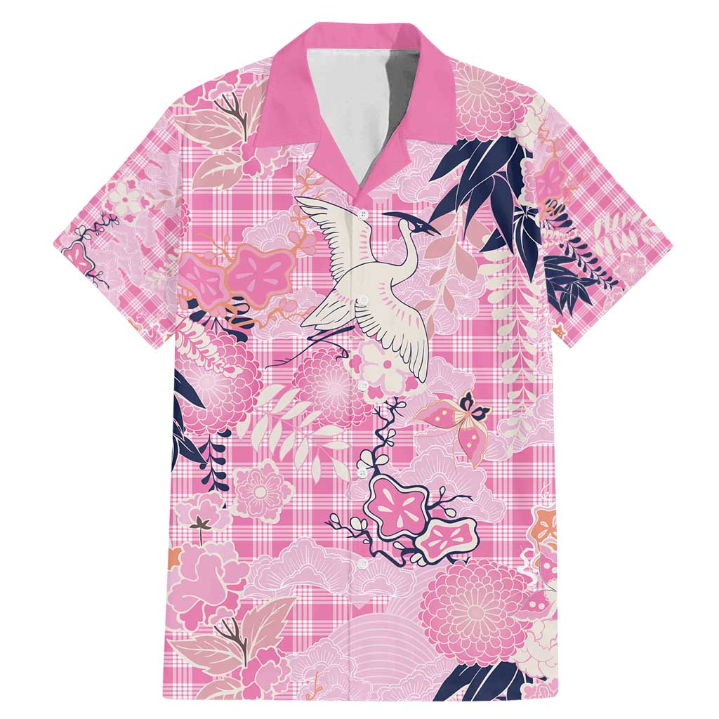 Pink Palaka Crane and Flowers Family Matching Mermaid Dress and Hawaiian Shirt Japan Heritage Spirit LT9 Dad's Shirt - Short Sleeve Pink - Polynesian Pride