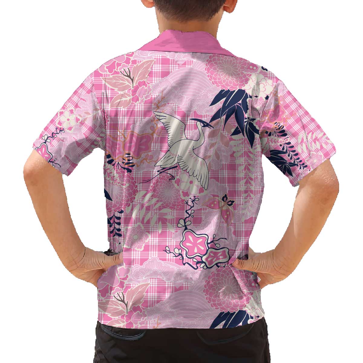 Pink Palaka Crane and Flowers Family Matching Off The Shoulder Long Sleeve Dress and Hawaiian Shirt Japan Heritage Spirit LT9 - Polynesian Pride