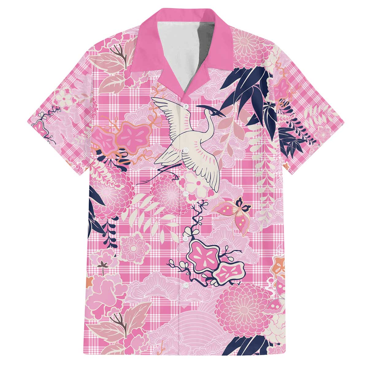 Pink Palaka Crane and Flowers Family Matching Off The Shoulder Long Sleeve Dress and Hawaiian Shirt Japan Heritage Spirit LT9 Dad's Shirt - Short Sleeve Pink - Polynesian Pride