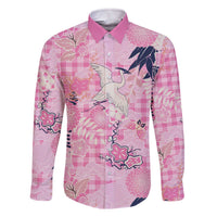 Pink Palaka Crane and Flowers Family Matching Off The Shoulder Long Sleeve Dress and Hawaiian Shirt Japan Heritage Spirit LT9 Dad's Shirt - Long Sleeve Pink - Polynesian Pride