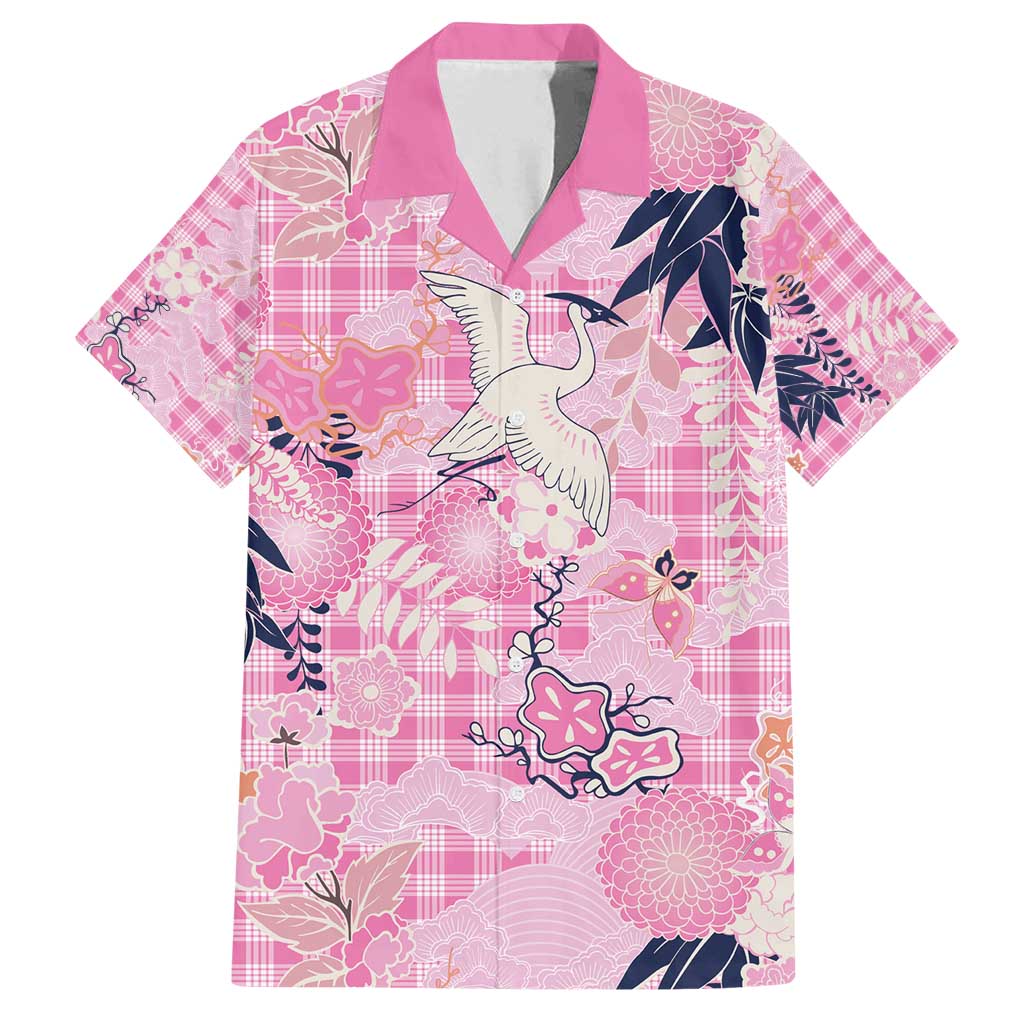 Pink Palaka Crane and Flowers Family Matching Off Shoulder Maxi Dress and Hawaiian Shirt Japan Heritage Spirit LT9 Dad's Shirt - Short Sleeve Pink - Polynesian Pride