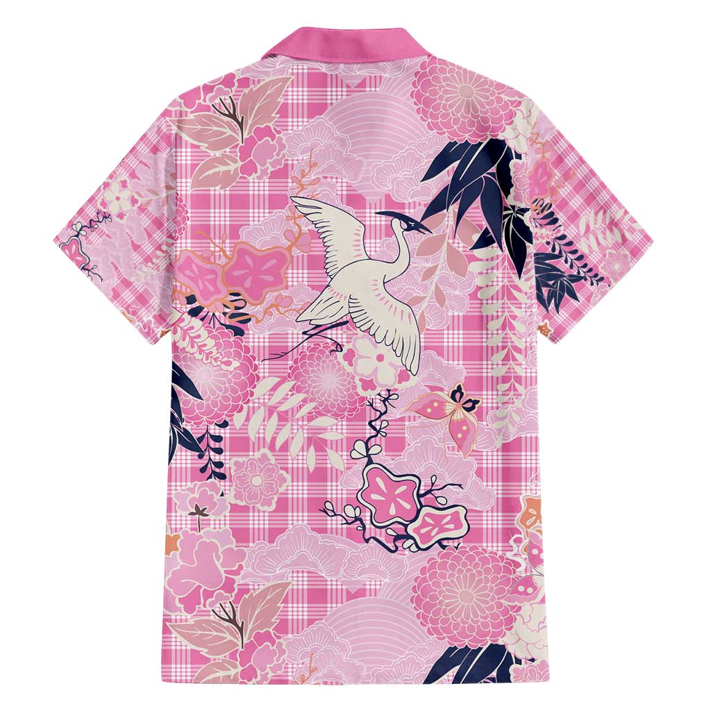 Pink Palaka Crane and Flowers Family Matching Off Shoulder Short Dress and Hawaiian Shirt Japan Heritage Spirit LT9 - Polynesian Pride
