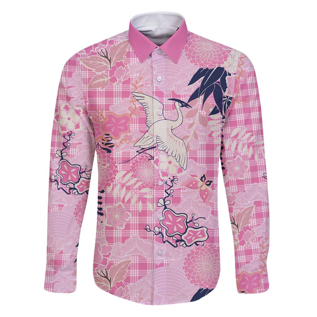 Pink Palaka Crane and Flowers Family Matching Puletasi and Hawaiian Shirt Japan Heritage Spirit LT9 Dad's Shirt - Long Sleeve Pink - Polynesian Pride