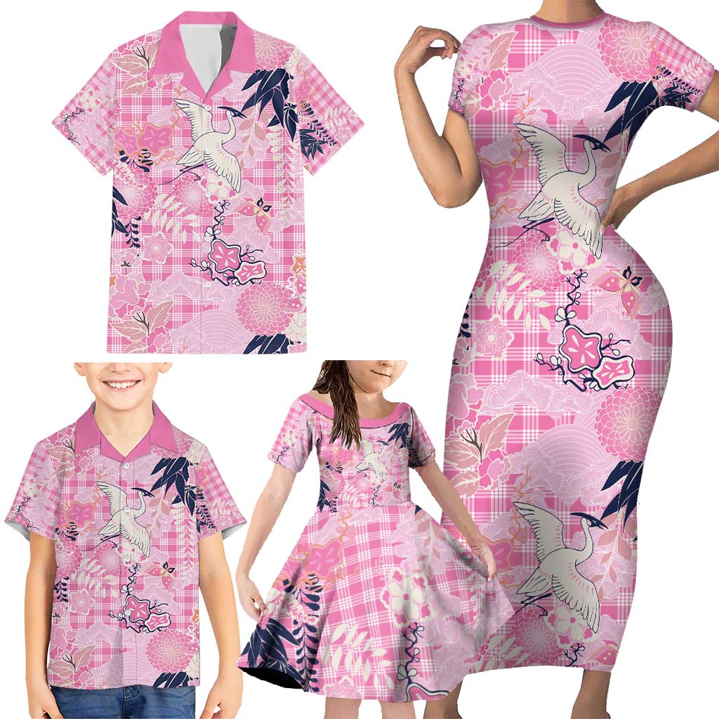 Pink Palaka Crane and Flowers Family Matching Short Sleeve Bodycon Dress and Hawaiian Shirt Japan Heritage Spirit LT9 - Polynesian Pride