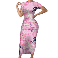 Pink Palaka Crane and Flowers Family Matching Short Sleeve Bodycon Dress and Hawaiian Shirt Japan Heritage Spirit LT9 Mom's Dress Pink - Polynesian Pride