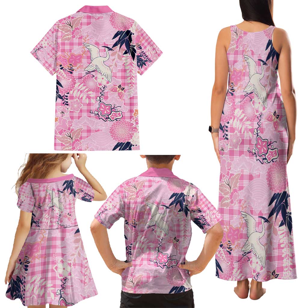 Pink Palaka Crane and Flowers Family Matching Tank Maxi Dress and Hawaiian Shirt Japan Heritage Spirit LT9 - Polynesian Pride