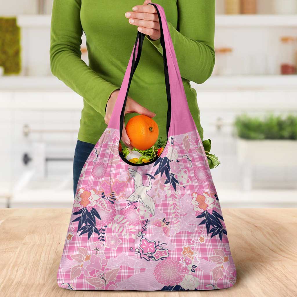 Pink Palaka Crane and Flowers Grocery Bag Japan Heritage Spirit - Polynesian Pride