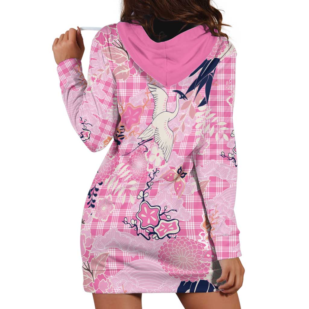 Pink Palaka Crane and Flowers Hoodie Dress Japan Heritage Spirit LT9 - Polynesian Pride