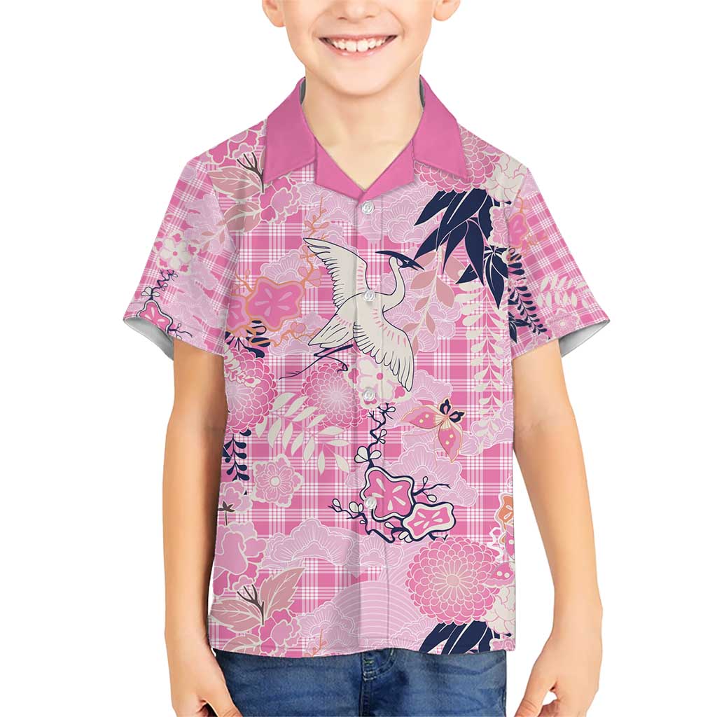 Pink Palaka Crane and Flowers Kid Hawaiian Shirt Japan Heritage Spirit LT9 Kid Pink - Polynesian Pride