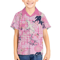 Pink Palaka Crane and Flowers Kid Hawaiian Shirt Japan Heritage Spirit LT9 Kid Pink - Polynesian Pride
