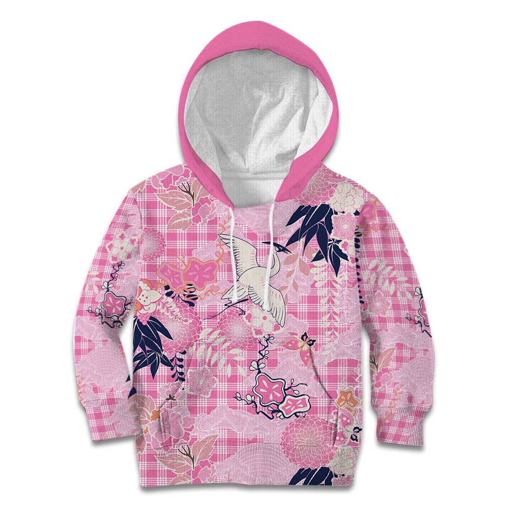 Pink Palaka Crane and Flowers Kid Hoodie Japan Heritage Spirit - Polynesian Pride