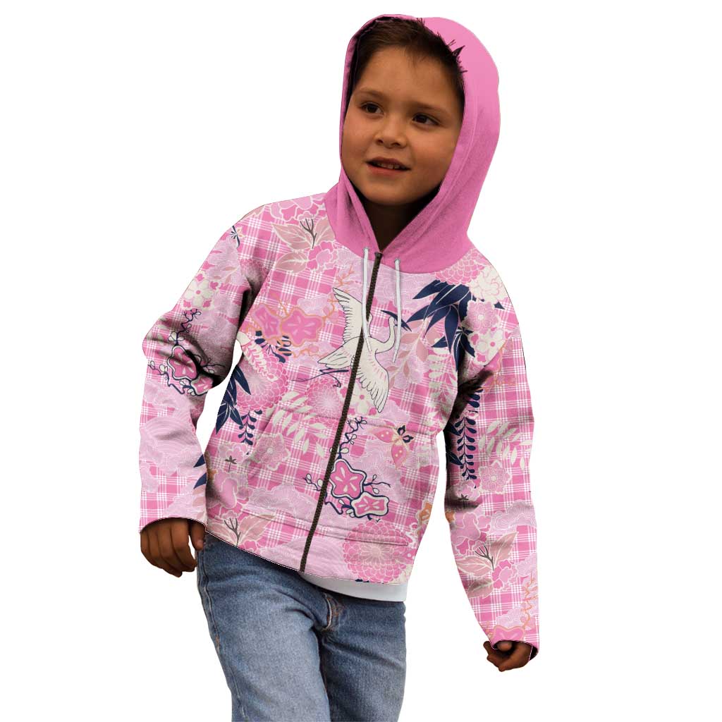 Pink Palaka Crane and Flowers Kid Hoodie Japan Heritage Spirit - Polynesian Pride