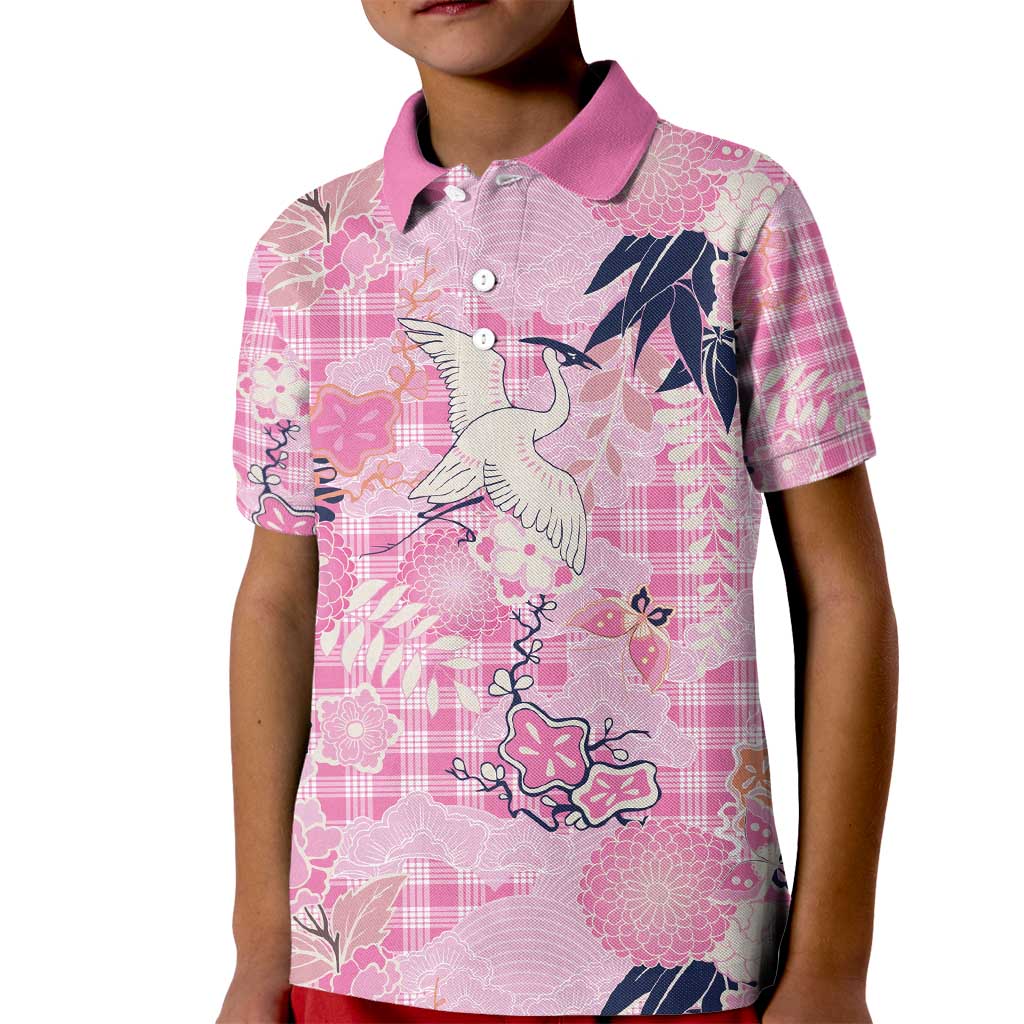 Pink Palaka Crane and Flowers Kid Polo Shirt Japan Heritage Spirit LT9 Kid Pink - Polynesian Pride